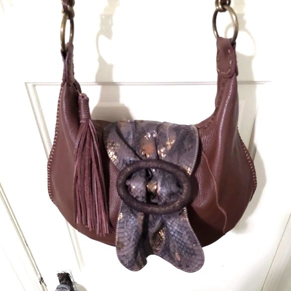 NEW Carlos Falchi CHI Brown 100% Leather Snake Skin Crescent Shoulder Bag Purse - Picture 8 of 13